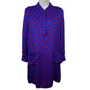 Tucker 100% Silk Dress Polka Dot Long Sleeve Pockets Luxury USA Royal Blue Red M